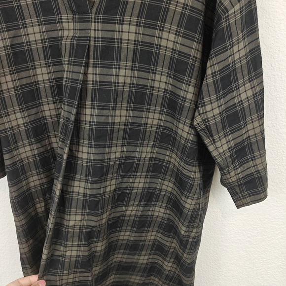 Vince Plaid Easy Pullover Cotton Dress in Military Size Small V-Neck 3/4 Sleeve - Picture 9 of 13